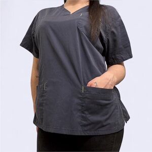 Koi Happiness Navy Blue Scrub Top Lime Green Stitching V-Neck Women's XL